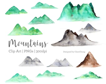 Watercolour hand painted mountains and hills digital clip art png set. Instant download