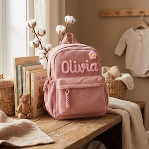 Corduroy rugzak met eigen naam, gepersonaliseerde schooltas voor kinderen, roze peuterrugzak, cadeau voor de start van het schooljaar