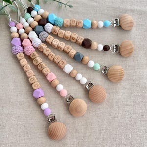 Cadena con clip para chupete con nombre de bebé, clip personalizado para chupete de niña o niño, clip para chupete de bebé, clip para chupete con letras hecho a mano, soporte para chupete para baby shower