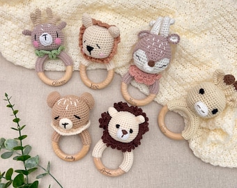 Custom Baby Name Toy Rattle, Animal Crochet Rattles, Wooden Baby Toy, Baby Soothing Rattle, Handmade Baby Gift, New Mom Gift, Baby Shower