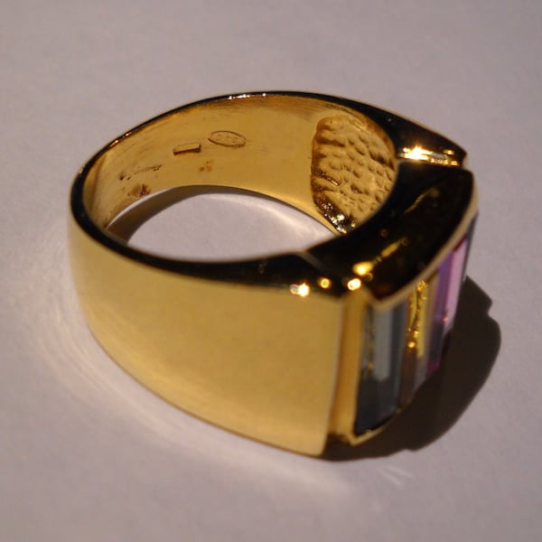 Late 80's Italian Vermeil  Ring Fabroso. Rctangular shape; with four rectangular embedded Swarovsky cystals. Maker's mark and "925" engraved