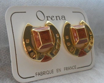 70s Orena earrings, equestrian theme, 14k gold plated and enamel detail in gold brown, black or white, diameter 2.7cm(1,1in), made in France
