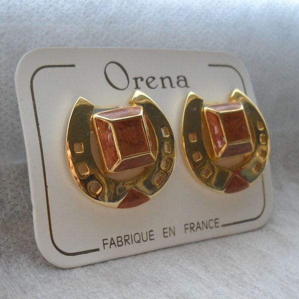 70s Orena earrings, equestrian theme, 14k gold plated and enamel detail in gold brown, black or white, diameter 2.7cm(1,1in), made in France