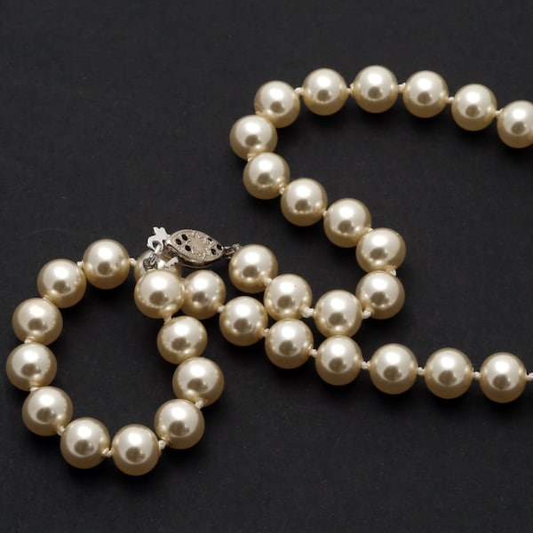 1980s Majorca pearl necklace; pearl faint rose; 7mm pearl size , variable length -see variations, sterling silver clasp