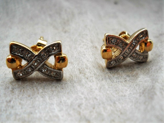 80s Austrian  Stud Earrings Gold tone with Rhines… - image 2
