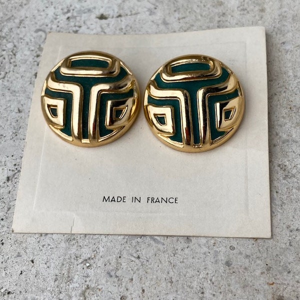 60s Art deco Orena earrings, abstract geometric design, 14k gold plated and enamel in orange or green, diameter 3cm(1,2in). Made in France