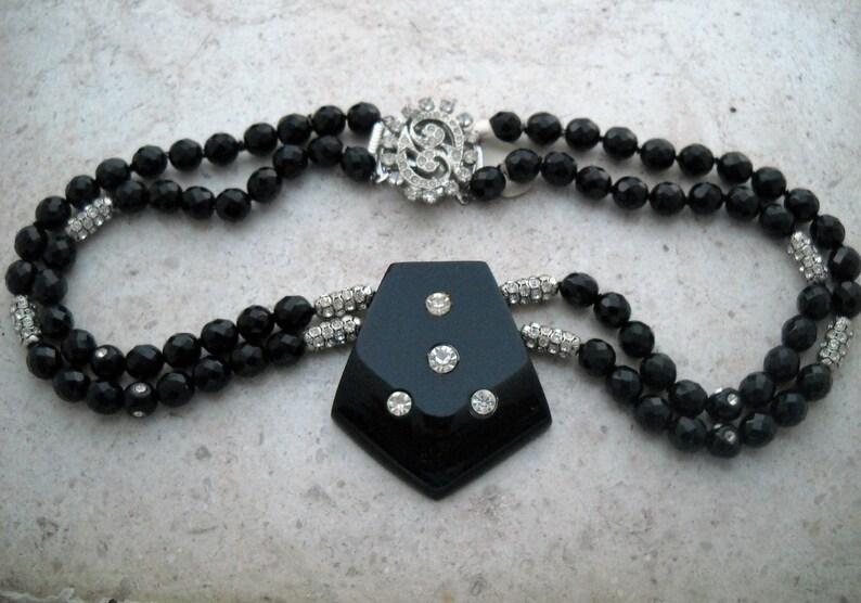 Fantastic Clasp in crystals. 60/'s Czechoslovak Necklace; Two laps Black Glass Crystal Beads with an irregular pentagonal shape in center