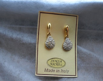 Late 80's italian teardrop earrings with embedded rhinestones; Gold plated dangle earrings . Stud Earrings. Made in Italy