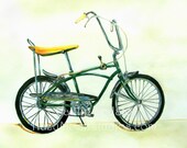 Schwinn Sting-Ray Bike Watercolor Print 8x10 Green and Yellow Schwinn with Shifter, Red Schwinn Bicycle