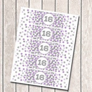 16.Geburtstag Wasserflaschenetiketten Lila Silber 16.Geburtstag Dekorationen Mädchen 16.Geburtstag Party Wasserflaschenverpackungen Lavendel und Grau