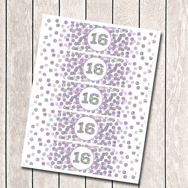 16th Birthday water bottle labels Purple silver 16th birthday decorations Girl 16th Birthday party water bottle wrappers Lavender and gray