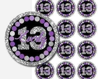 Purple and silver birthday cupcake toppers Round labels printable Personalized cupcake toppers Dark purple silver birthday tags Any age