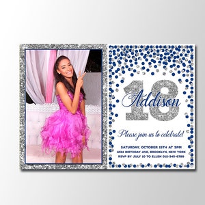 18th Birthday photo invitations Navy blue silver birthday invitation for her Personalized birthday invites Any age