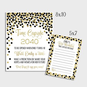 1e verjaardag tijdcapsule bord en kaartjes Zwarte en gouden tijdcapsule Decoraties voor 1e verjaardagsfeest Genderneutraal Gepersonaliseerde tijdcapsule