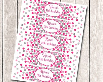 Hot pink and silver birthday water bottle labels Personalized water bottle labels 10th birthday decorations Pink and gray water bottle wraps