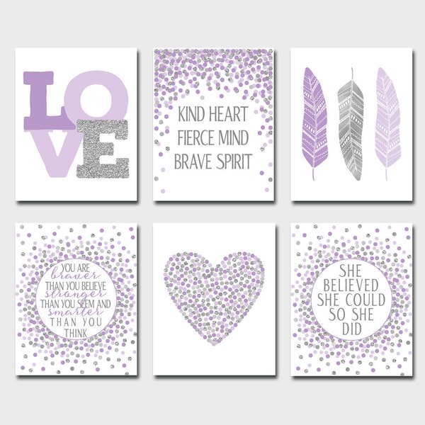 Purple and silver nursery wall art Baby girl nursery décor Printable wall décor set of 6 prints Nursery quotes prints girl Lavender and gray