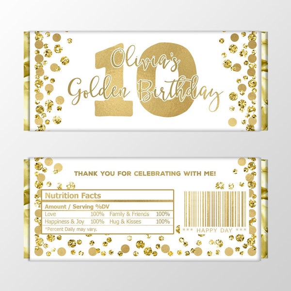 Golden Birthday candy wrappers Gold glitter birthday favors Personalized chocolate bar labels Printable candy bar label Chocolate wrappers