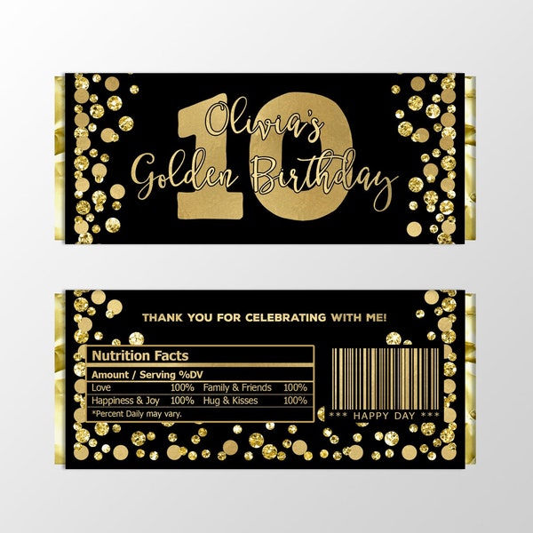 Golden Birthday candy wrappers Gold black candy bar label Personalized chocolate bar labels Printable Chocolate wrappers Birthday favors