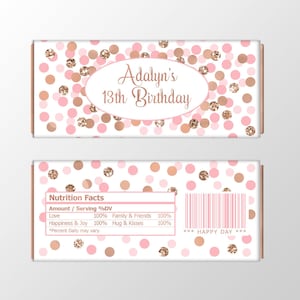 Birthday candy bar wrappers Pink rose gold birthday favors Personalized chocolate bar labels Printable candy bar label Chocolate wrappers