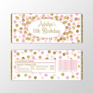 Pink gold candy bar wrappers Birthday favors Personalized chocolate bar labels Printable candy bar label Chocolate wrappers Any age