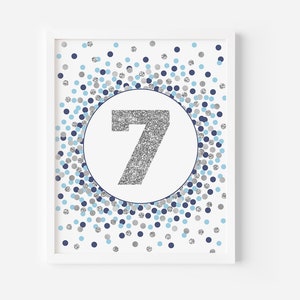 Navy blue silver number 7 printable sign 7th birthday decorations 7th Birthday table sign Number 7 print