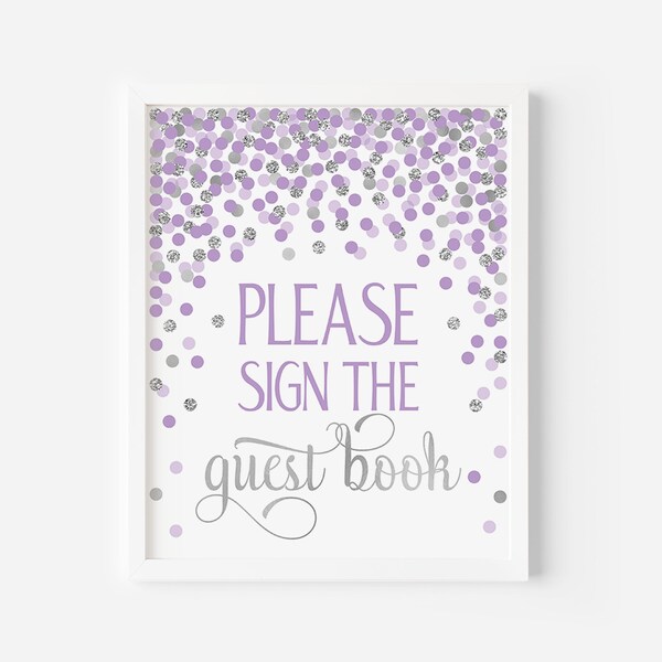 Please sign the guestbook sign Purple silver baby shower decorations Guest book sign printable Shower table sign