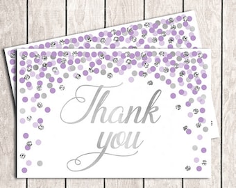 Purple and silver thank you cards printable 4x6 Lavender Baby shower thank you card Girl birthday thank you card