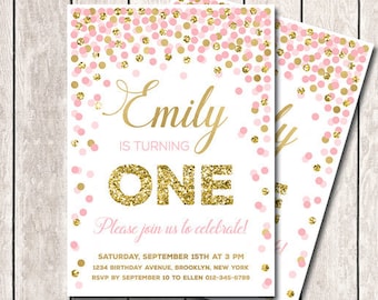 First Birthday Invitation Girl Birthday Invitation Pink Gold Confetti Invitation Printable Gold Glitter Pink Invitation Any Age