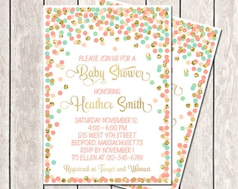 Baby Shower Invitation Personalized Coral Mint Peach Gold Baby Shower Invite