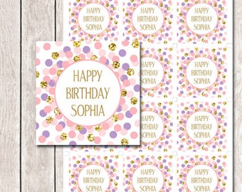 Personalized Happy Birthday Tags Girl Birthday Party Favor Tags Pink Purple Gold Tags Printable Girl Birthday Party Decorations