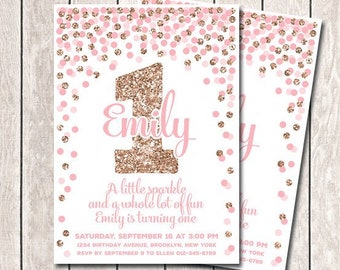 1st Birthday Invitation Girl Birthday Invitation Pink and Rose Gold Invitations Printable 1st Birthday Invite Sparkle Invitation