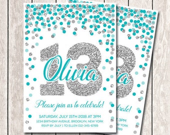 13th Birthday Invitations Girl Birthday Invitations Printable Teal And Silver Confetti Thirteenth Birthday Invites Personalized ANY AGE