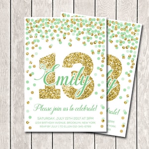 13th Birthday invitations Mint and gold birthday Invitations for girls Custom invitations Mint green invitation Personalized digital invite