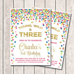 Young wild and three invitation Rainbow and gold 3rd birthday invitation for girl Colorful young wild and three invitations
