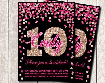 10th Birthday Invitations for Girl Birthday Invites Printable Hot Pink Rose Gold Birthday Invitations Pink Rose Gold Black
