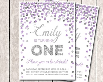 Purple Silver Invitation Personalized Girl 1st Birthday Invitations Printable