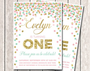 Pink mint gold invitations for girl 1st Birthday invitations printable Confetti invitation Customizable invitations