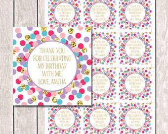 Thank You For Celebrating My Birthday With Me Tags Personalized Girl Birthday Party Decoration Hot Pink Purple Teal Gold Confetti Favor Tags