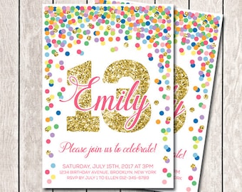 13th Birthday invitations Rainbow and gold birthday Invitation for girl Confetti invitation printable Thirteenth birthday invites Any age