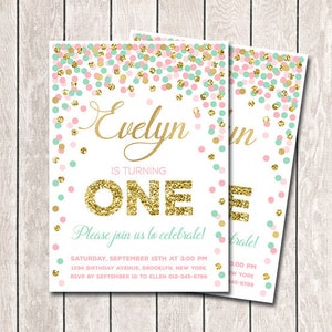 Pink mint gold invitations for girl 1st Birthday invitations printable Confetti invitation Customizable invitations image 1