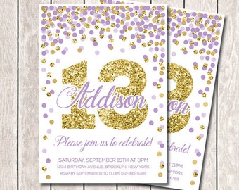 Purple And Gold Birthday Invitations 13th Birthday Invitation Any Age Girl Birthday Invitations Printable Lavender And Gold Confetti