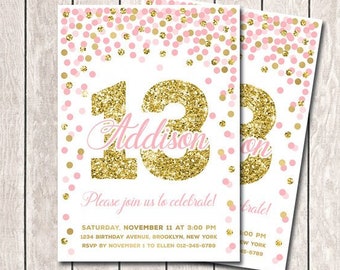 Personalized Birthday Invitations Girl 13th Birthday Party Invitation Printable Pink And Gold Confetti
