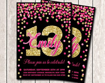 13th Birthday Invitations Girl Birthday Invites Printable Hot Pink Gold Birthday Invitations For Girl Pink Gold And Black