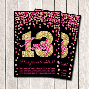 13th Birthday Invitations Girl Birthday Invites Printable Hot Pink Gold Birthday Invitations For Girl Pink Gold And Black image 1