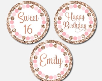 Sweet 16 Cupcake Toppers Pink and Rose Gold 16th Birthday Party Decorations