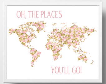 World Map Printable Oh the Places You’ll Go World Map Print World Map Poster Pink And Gold Nursery Print Baby Girl Nursery Decor Pink