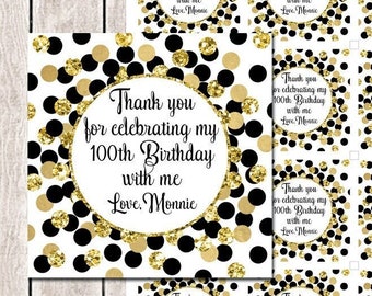 Birthday thank you tags Black and gold Thank you for celebrating my birthday with me tags Personalized thank you favor tags Any age