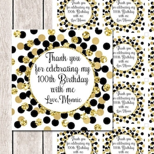 Birthday thank you tags Black and gold Thank you for celebrating my birthday with me tags Personalized thank you favor tags Any age