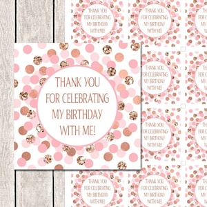 Pink rose gold Thank you favor tags printable Thank you for celebrating my birthday with me tags Thank you birthday tags Birthday party girl