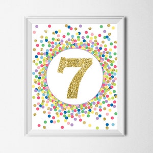 Number 7 Sign Seven Print 7th Birthday Party Decor Rainbow And Gold Birthday Party Decorations Colorful Decor
